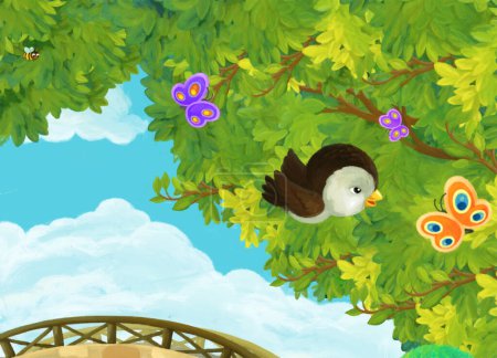 Foto de Escena de dibujos animados con parque o bosque y sol brillante y búho pájaro feliz vuelo ilustración para niños - Imagen libre de derechos