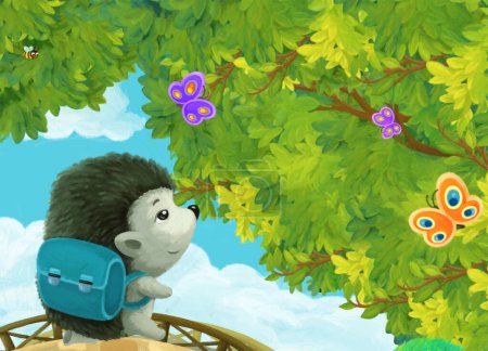 Téléchargez les photos : Scène de dessin animé avec parc ou forêt et soleil éclatant et enfants d'animaux heureux allant à l'école illustration pour enfants - en image libre de droit