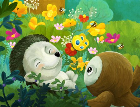 Téléchargez les photos : Joyeux dessin animé scène forêt animal hérisson illustration pour les enfants - en image libre de droit