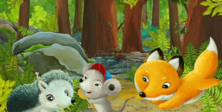 Foto de Escena de dibujos animados con animales amigables en el bosque - ilustración para niños - Imagen libre de derechos