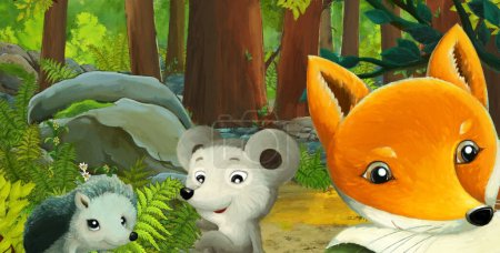 Téléchargez les photos : Scène de dessin animé avec animal amical dans la forêt - illustration pour les enfants - en image libre de droit