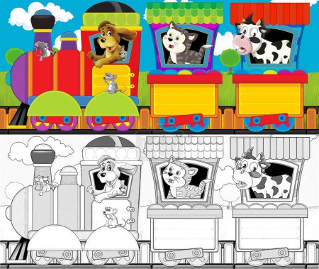 Foto de Tren de vapor de aspecto divertido de dibujos animados que atraviesa el prado con animales de granja - ilustración para niños - Imagen libre de derechos
