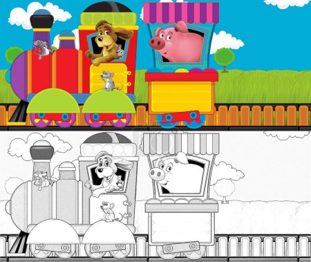 Téléchargez les photos : Dessin animé drôle train à vapeur regardant à travers le pré avec des animaux de la ferme illustration pour les enfants - en image libre de droit
