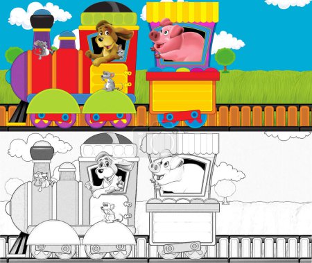 Photo for Cartoon funny looking steam train going through the meadow with farm animals - illustration for children - Royalty Free Image