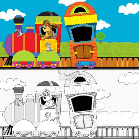 Foto de Tren de vapor de aspecto divertido de dibujos animados que atraviesa el prado con animales de granja - ilustración para niños - Imagen libre de derechos