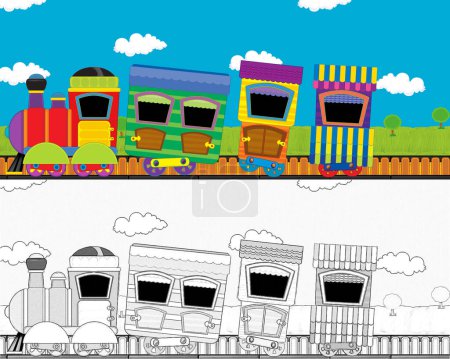 Foto de Dibujo animado divertido tren de vapor que va a través del prado sin nadie en el escenario - ilustración para los niños - Imagen libre de derechos
