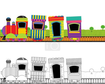 Foto de Tren de vapor de aspecto divertido de dibujos animados que pasa por el prado sin nadie en el escenario con fondo blanco para el texto - ilustración para los niños - Imagen libre de derechos