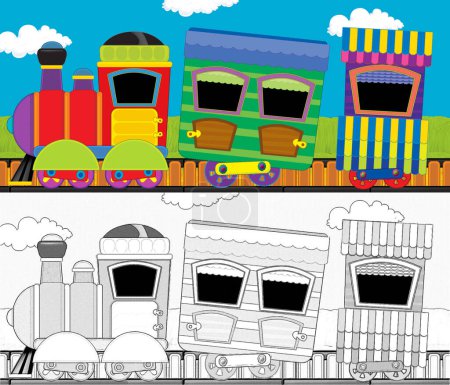 Foto de Tren de vapor de aspecto divertido de dibujos animados que pasa por el prado - ilustración para niños - Imagen libre de derechos