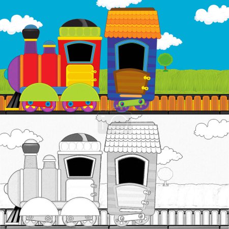 Photo for Cartoon funny looking steam train going through the meadow - illustration for children - Royalty Free Image