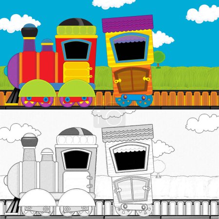Téléchargez les photos : Dessin animé drôle train à vapeur regardant à travers la prairie illustration pour les enfants - en image libre de droit