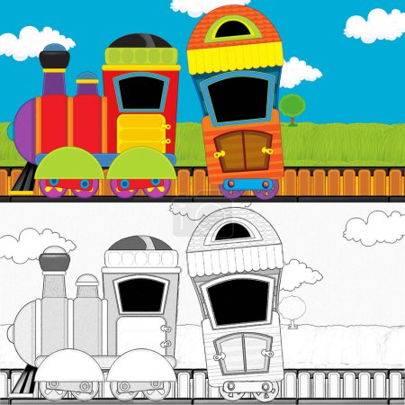 Téléchargez les photos : Dessin animé drôle train à vapeur regardant à travers la prairie illustration pour les enfants - en image libre de droit