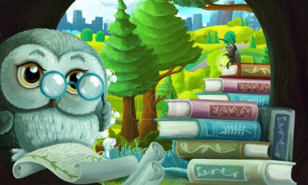 Téléchargez les photos : Scène de dessin animé avec chouette sage dans sa cabane dans les arbres apprenant des livres près de la ville - illustration pour enfants - en image libre de droit