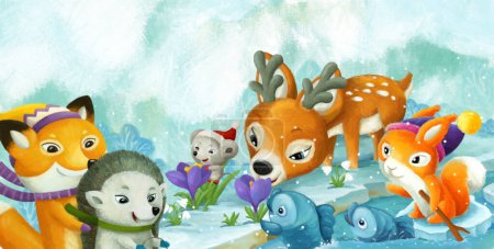 Téléchargez les photos : Scène de dessin animé avec des animaux de Noël dans la forêt près du ruisseau illustration pour les enfants - en image libre de droit