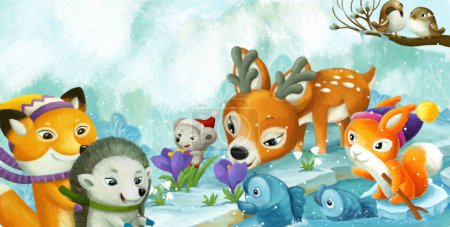 Téléchargez les photos : Scène de dessin animé avec des animaux de Noël dans la forêt près du ruisseau illustration pour les enfants - en image libre de droit