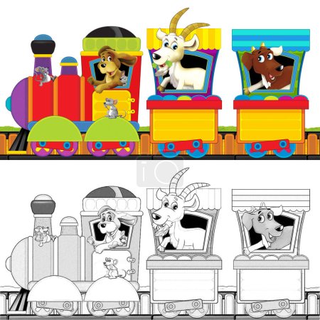Téléchargez les photos : Train à vapeur de dessin animé sur les pistes avec des animaux de ferme sur fond blanc espace pour le texte - illustration pour les enfants - en image libre de droit