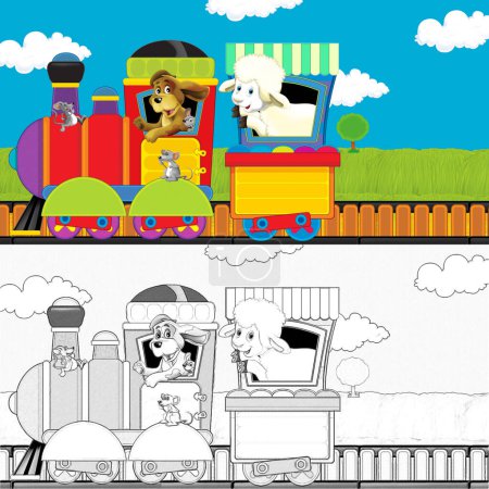 Photo for Cartoon steam train on tracks with farm animals on white background space for text - illustration for children - Royalty Free Image