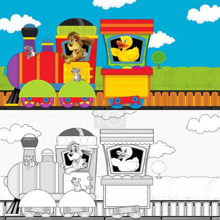 Téléchargez les photos : Train à vapeur de dessin animé sur les pistes avec des animaux de ferme sur fond blanc espace pour le texte - illustration pour les enfants - en image libre de droit