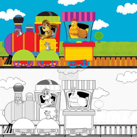 Photo for Cartoon steam train on tracks with farm animals on white background space for text - illustration for children - Royalty Free Image