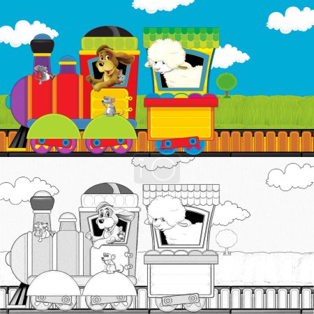 Foto de Tren de vapor de dibujos animados en vías con animales de granja en el espacio de fondo blanco para el texto - ilustración para los niños - Imagen libre de derechos