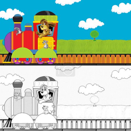Foto de Tren de vapor de dibujos animados en vías con animales de granja en el espacio de fondo blanco para el texto - ilustración para los niños - Imagen libre de derechos
