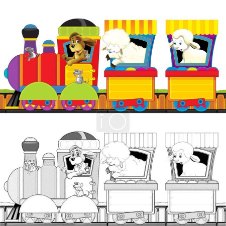 Foto de Tren de vapor de dibujos animados en pistas con animales de granja en el espacio de fondo blanco para el texto - ilustración para niños con boceto - Imagen libre de derechos