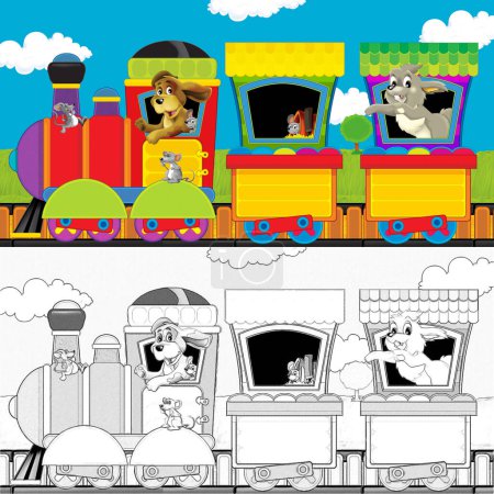 Téléchargez les photos : Train à vapeur de dessin animé sur des pistes avec des animaux de ferme sur fond blanc espace pour le texte illustration pour les enfants avec croquis - en image libre de droit