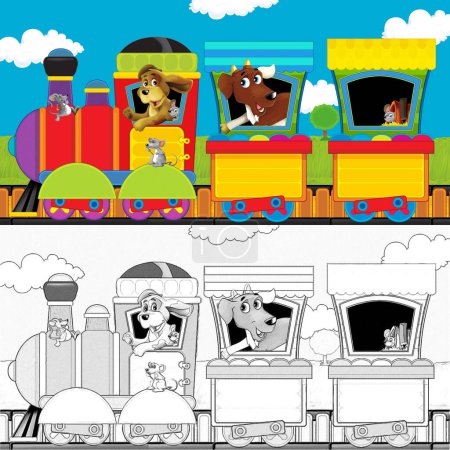 Foto de Tren de vapor de dibujos animados en pistas con animales de granja en el espacio de fondo blanco para el texto - ilustración para niños con boceto - Imagen libre de derechos