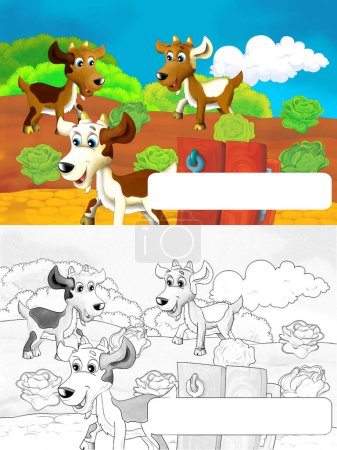 Téléchargez les photos : Scène de ferme de bande dessinée avec chèvre animale s'amusant avec espace pour le texte - illustration pour les enfants - en image libre de droit