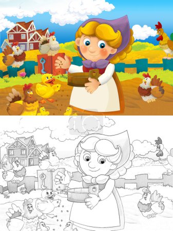 Téléchargez les photos : Scène de dessin animé avec une femme heureuse travaillant à la ferme illustration debout et souriante pour les enfants - en image libre de droit