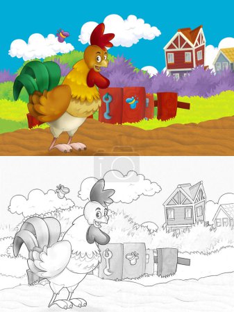 Téléchargez les photos : Cartoon farm scène heureuse avec des coqs debout et des oiseaux de ferme poule illustration pour les enfants - en image libre de droit