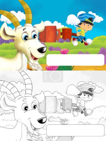 Photo for Cartoon farm scene with animal goat having fun with space for text - illustration for children - Royalty Free Image