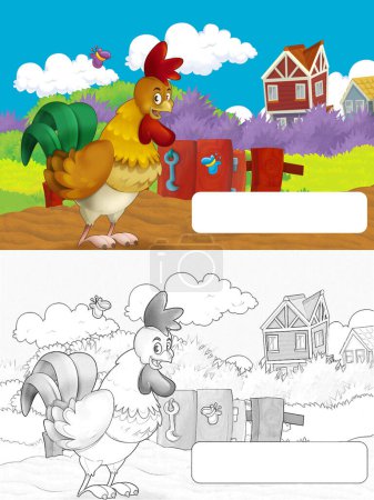 Foto de Granja de dibujos animados escena feliz con gallo de pie y aves de corral con marco para el texto - ilustración para los niños - Imagen libre de derechos