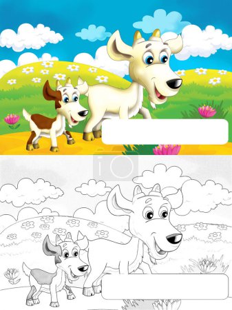 Téléchargez les photos : Scène de ferme de bande dessinée avec chèvre animale s'amusant avec espace pour le texte - illustration pour les enfants - en image libre de droit
