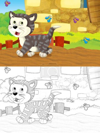 Téléchargez les photos : Scène de dessin animé avec chat s'amusant à la ferme illustration pour les enfants - en image libre de droit