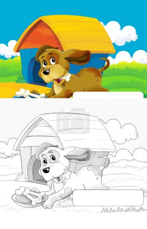 Téléchargez les photos : Scène de dessin animé avec chien sur une ferme s'amuser avec cadre pour texte - illustration pour enfants - en image libre de droit
