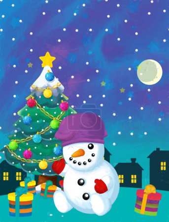 Foto de Escena feliz de Navidad con muñeco de nieve y árbol de Navidad - ilustración para los niños - Imagen libre de derechos