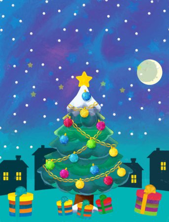 Téléchargez les photos : Dessin animé scène heureuse avec arbre de Noël - illustration pour enfants - en image libre de droit