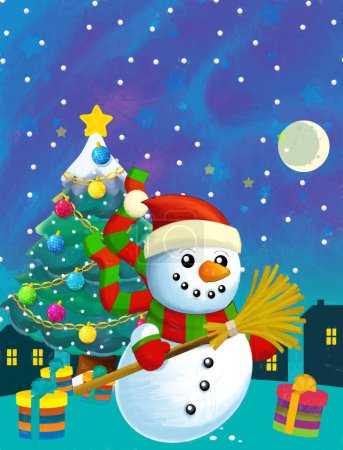 Foto de Escena feliz de Navidad con muñeco de nieve y árbol de Navidad - ilustración para los niños - Imagen libre de derechos