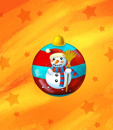 Téléchargez les photos : Scène de dessin animé avec bonhomme de neige de Noël et étoiles sur fond orange abstrait pour une utilisation différente illustration pour les enfants - en image libre de droit