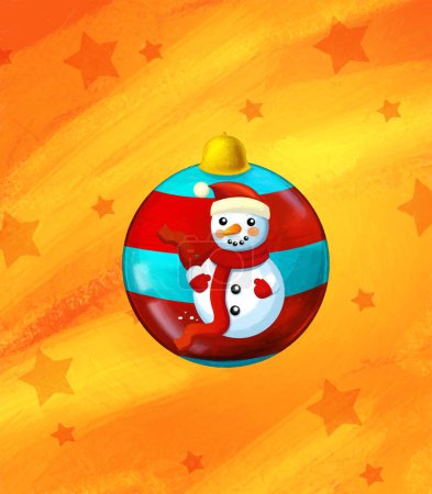 Foto de Escena de dibujos animados con muñeco de nieve de Navidad y estrellas sobre fondo naranja abstracto para diferentes usos - ilustración para niños - Imagen libre de derechos