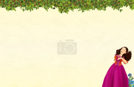 Téléchargez les photos : Scène de dessin animé avec cadre floral belle fille princesse - page de titre avec espace pour le texte - illustration pour les enfants - en image libre de droit