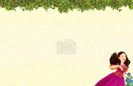 Téléchargez les photos : Scène de dessin animé avec cadre floral belle fille princesse - page de titre avec espace pour le texte - illustration pour les enfants - en image libre de droit