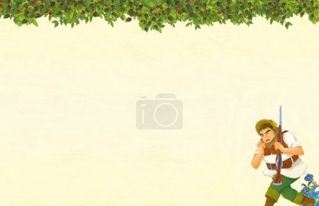 Téléchargez les photos : Scène de dessin animé avec cadre floral et chasseur ou agriculteur - page de titre avec espace pour le texte - illustration pour enfants - en image libre de droit