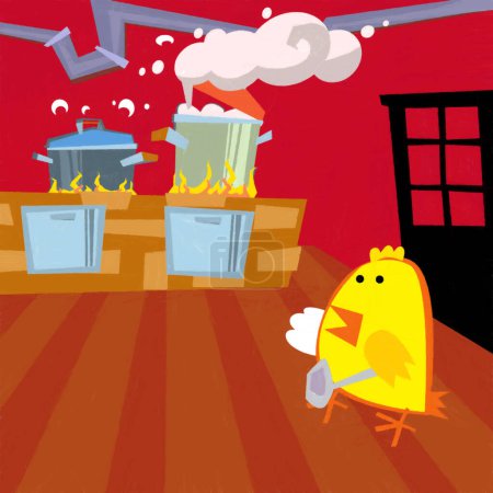 Photo for Cartoon scene with happy chicken rooster cooking in the kitchen illustration for kids - Royalty Free Image
