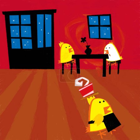 Foto de Escena de dibujos animados con gallo de pollo feliz cocina en la ilustración de la cocina para los niños - Imagen libre de derechos