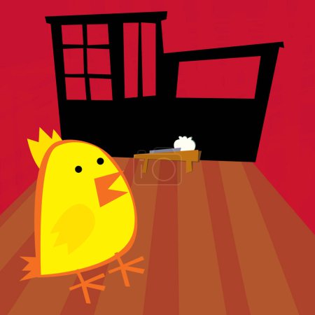 Téléchargez les photos : Scène de dessin animé avec cuisine de coq de poulet heureux dans l'illustration de cuisine pour les enfants - en image libre de droit