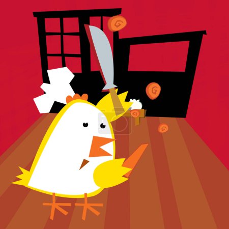 Téléchargez les photos : Scène de dessin animé avec cuisine de coq de poulet heureux dans l'illustration de cuisine pour les enfants - en image libre de droit