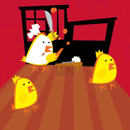 Foto de Escena de dibujos animados con gallo de pollo feliz cocina en la ilustración de la cocina para los niños - Imagen libre de derechos
