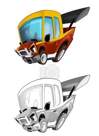Téléchargez les photos : Dessin animé cool regarder voiture de sport pour la course illustration isolée pour les enfants avec croquis - en image libre de droit