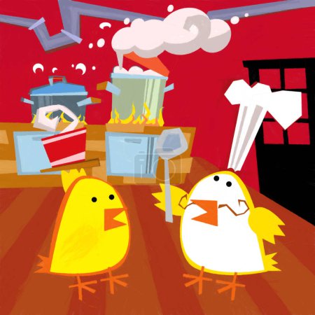 Photo for Cartoon scene with happy chicken rooster cooking in the kitchen illustration for children - Royalty Free Image